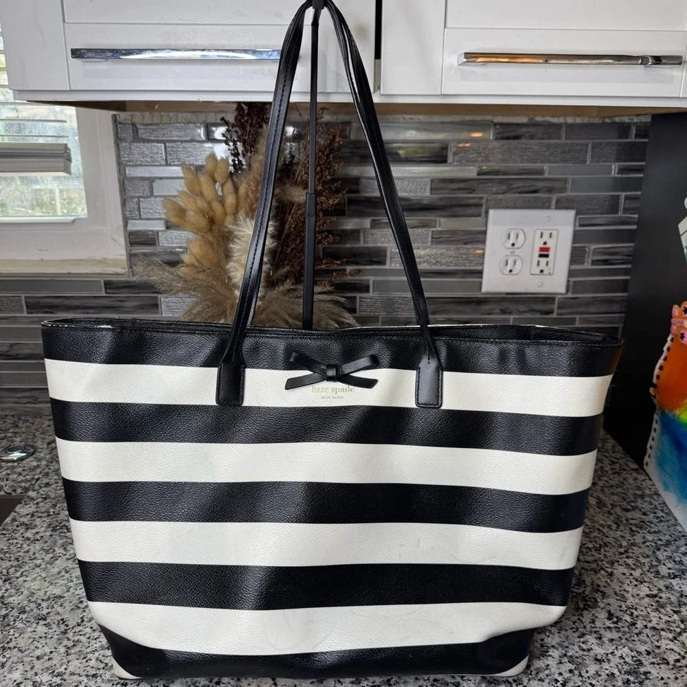 Kate Spade | Women’s Black and White Striped Tote Bag